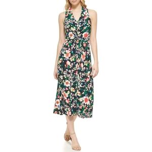 Tommy Hilfiger Navy Twist Front Floral Sleeveless V Neck Mid Calf Midi Dress